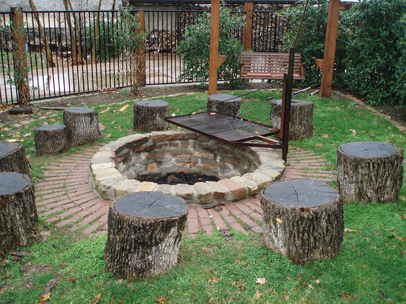 Outdoor Living Fire Pit With Stump Chairs Jpg Ideal Landscape Services